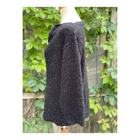 Vintage 80s Acrylic Boucle Knit Sweater Cowl Neck Black Silver Metallic sz 42 - Picture 2 of 9